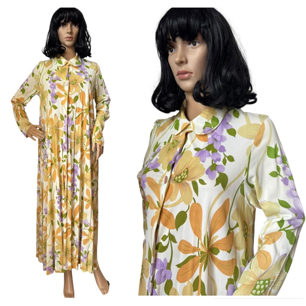 American Vintage Unbranded 70s Floral Maxi Coat Dress Button Side Pocket Medium